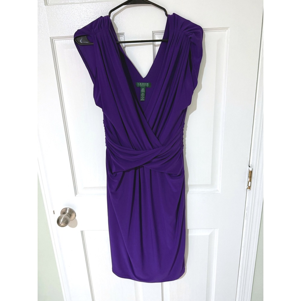 Lauren Ralph Lauren Purple V-Neck Ruched Faux Wrap Cocktail Dress Size 10